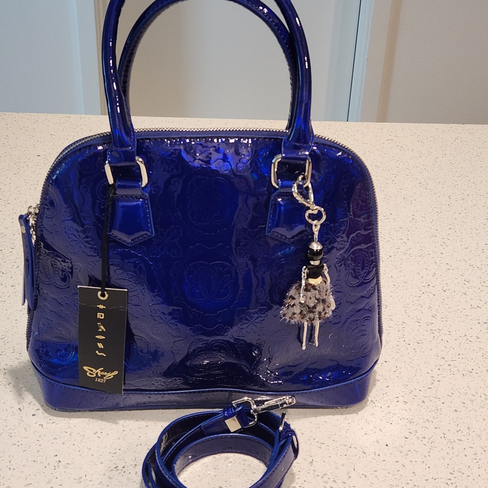 Sharif Blue Patent Leather Satchel with Crocodile Embossed Texture